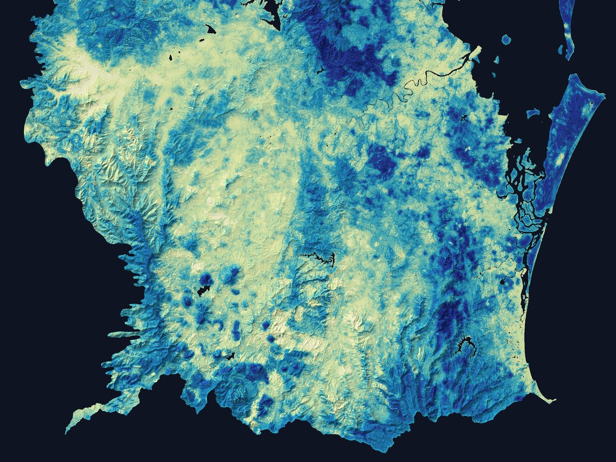 Relief map of potoroo habitat suitability from Brisbane to the border ranges, darker blue for better habitat