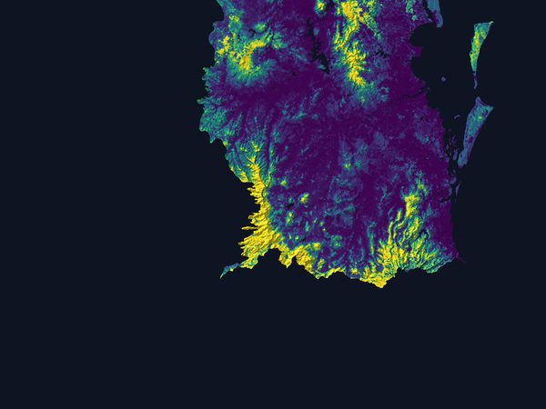 Map of the statistical habitat model in the border ranges, yellow for the most suitable ground