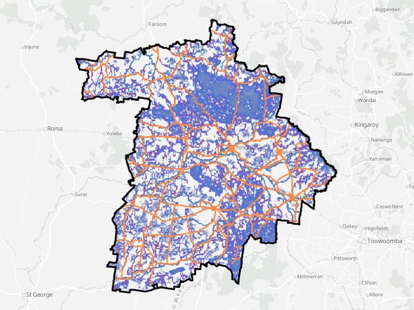 The app's map of channelled wildlife movement across the Western Downs, with the stock routes in orange