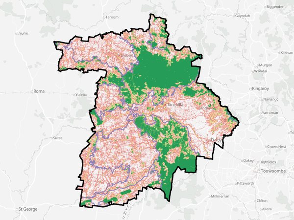 The app's map of woody cover across the Western Downs, surviving bush in green