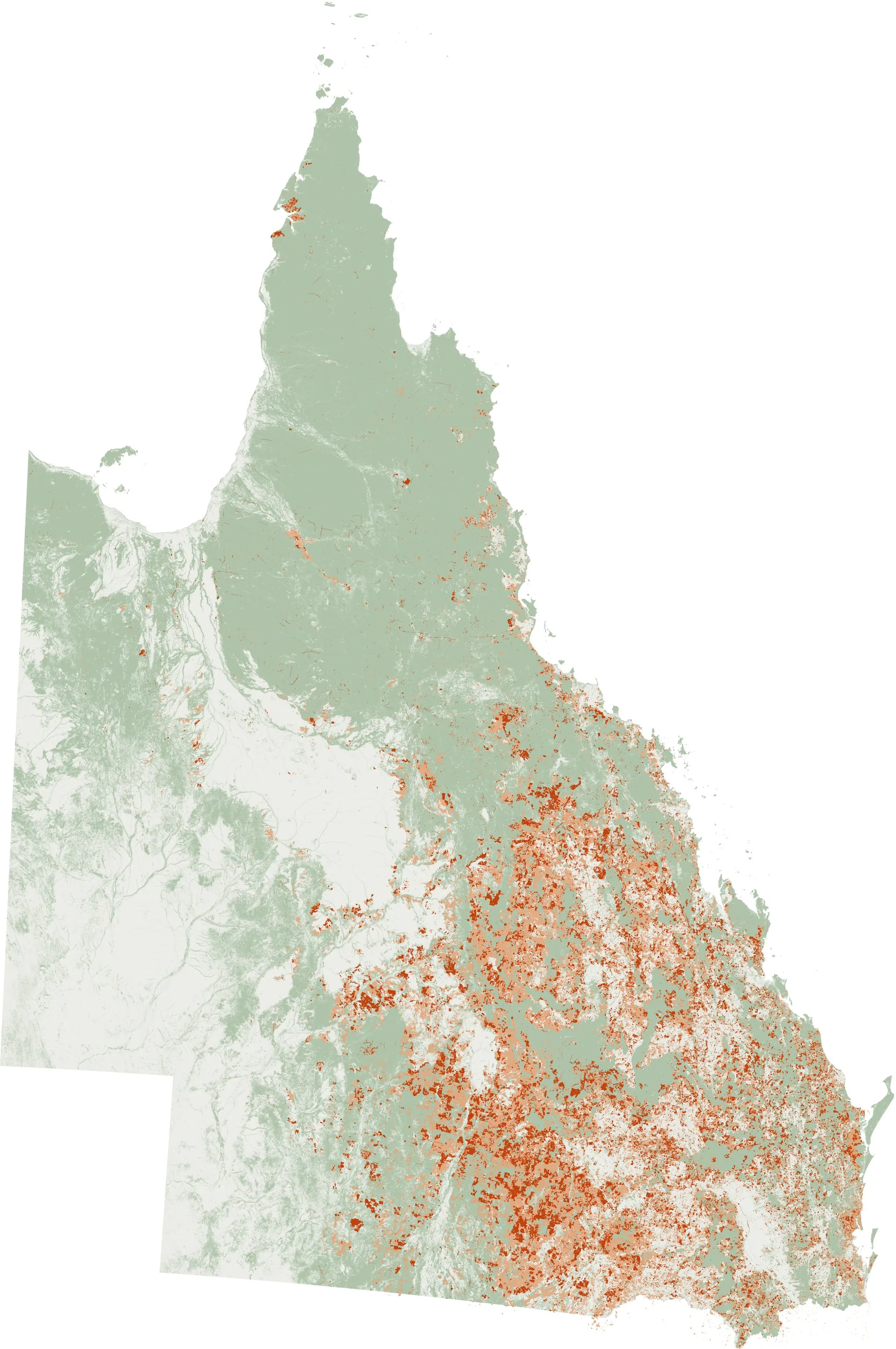 Queensland on GLIDER's grid: woody vegetation in 2023 in green, clearing from 1988-91 to 2017-18 in tan and from 2018-19 to 2023-24 in rust