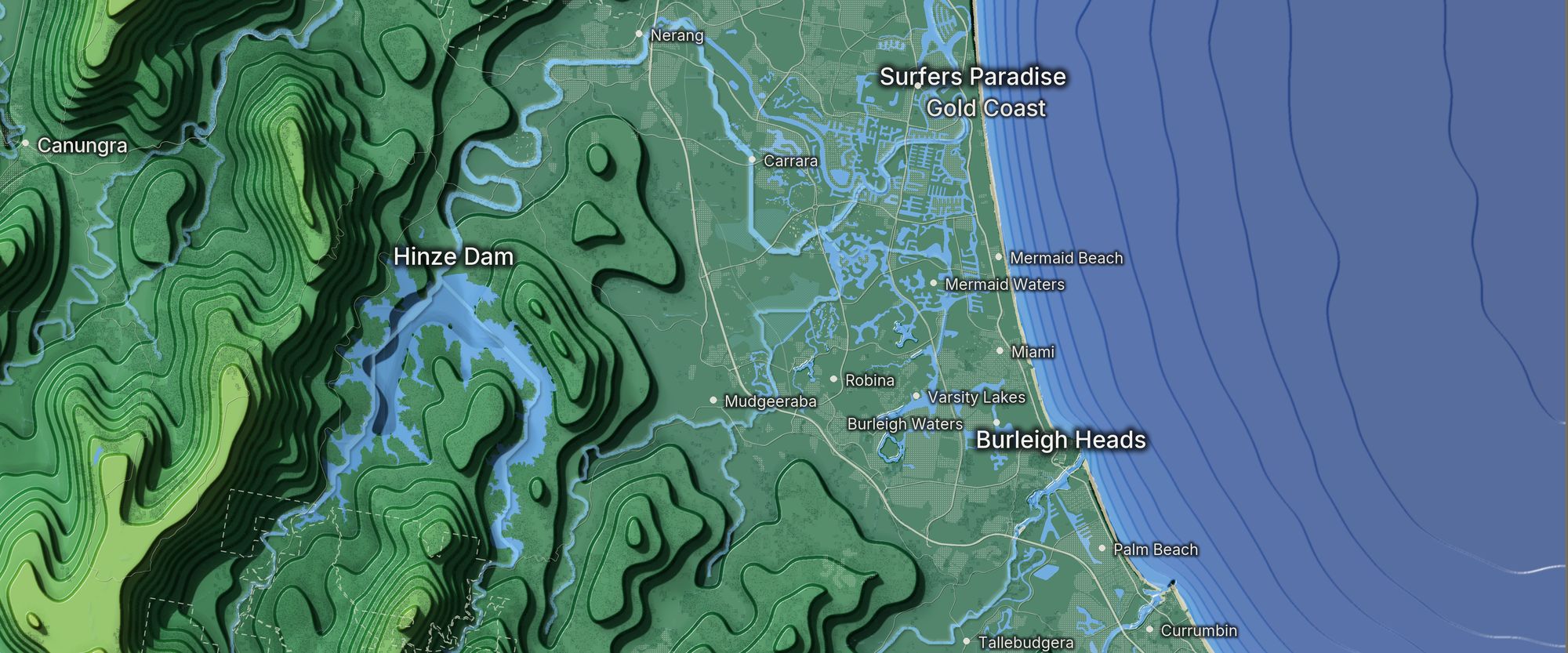 Relief map of the Gold Coast hinterland and coast