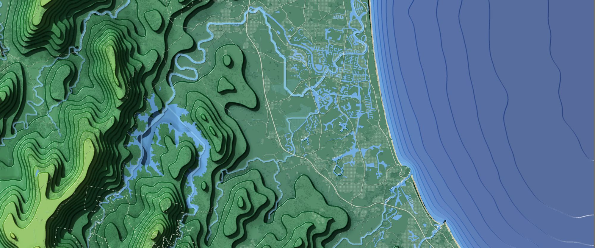 Relief map of the Gold Coast hinterland and coast