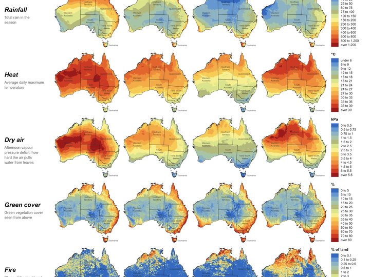 Maps of rainfall, heat, dry air and fire across Australia in each season
