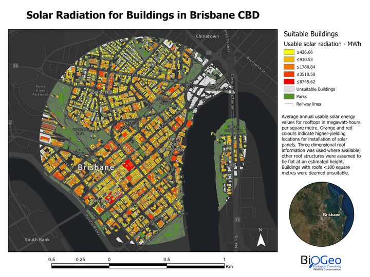 Usable solar radiation on Brisbane CBD rooftops