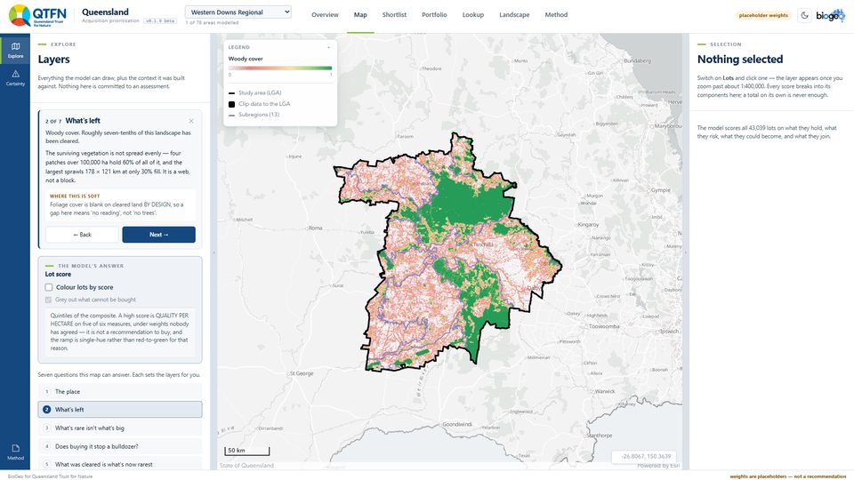 Woody cover across the Western Downs in the acquisition priorities app