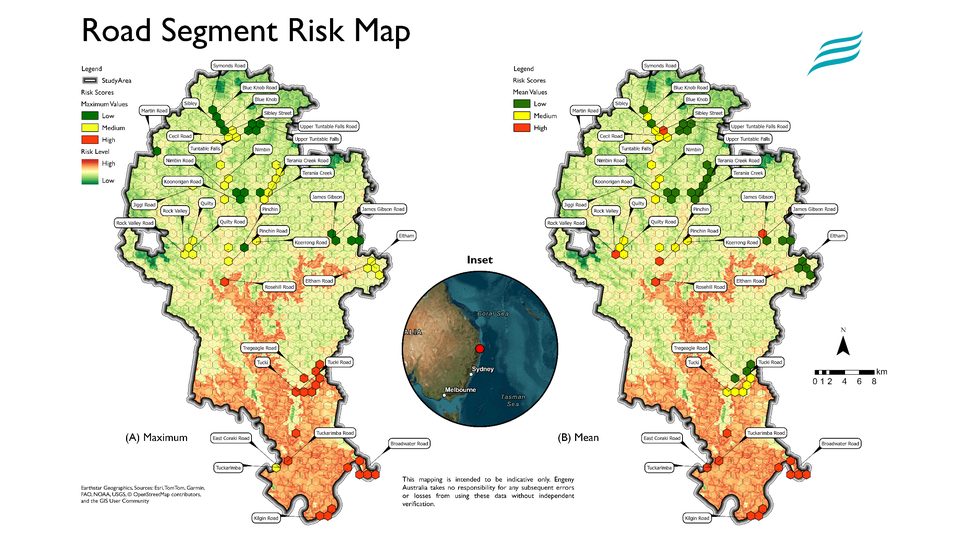 Road segment risk maps showing maximum and mean risk scores