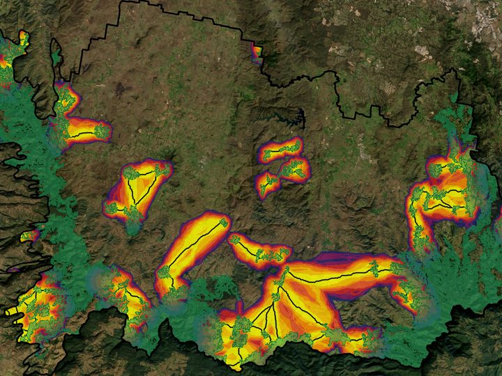 Map of least-cost corridors for the spotted-tailed quoll across the Scenic Rim