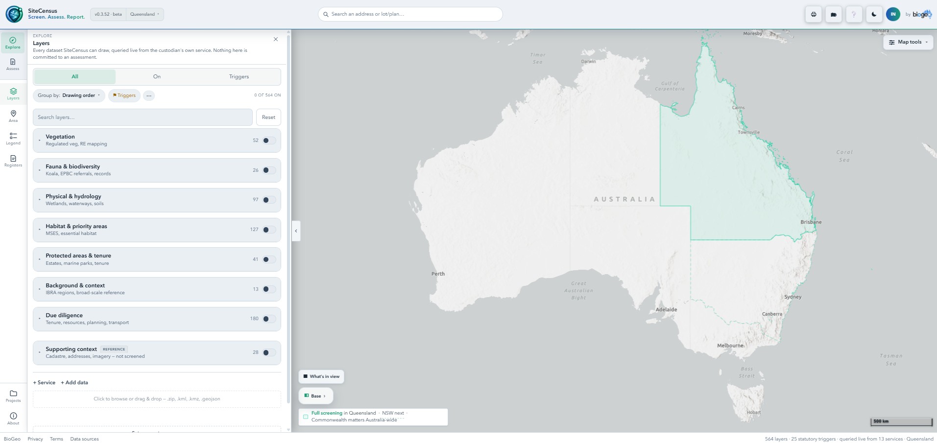 The SiteCensus workspace: a study area on the map with constraint layers switched on and the layers panel open alongside