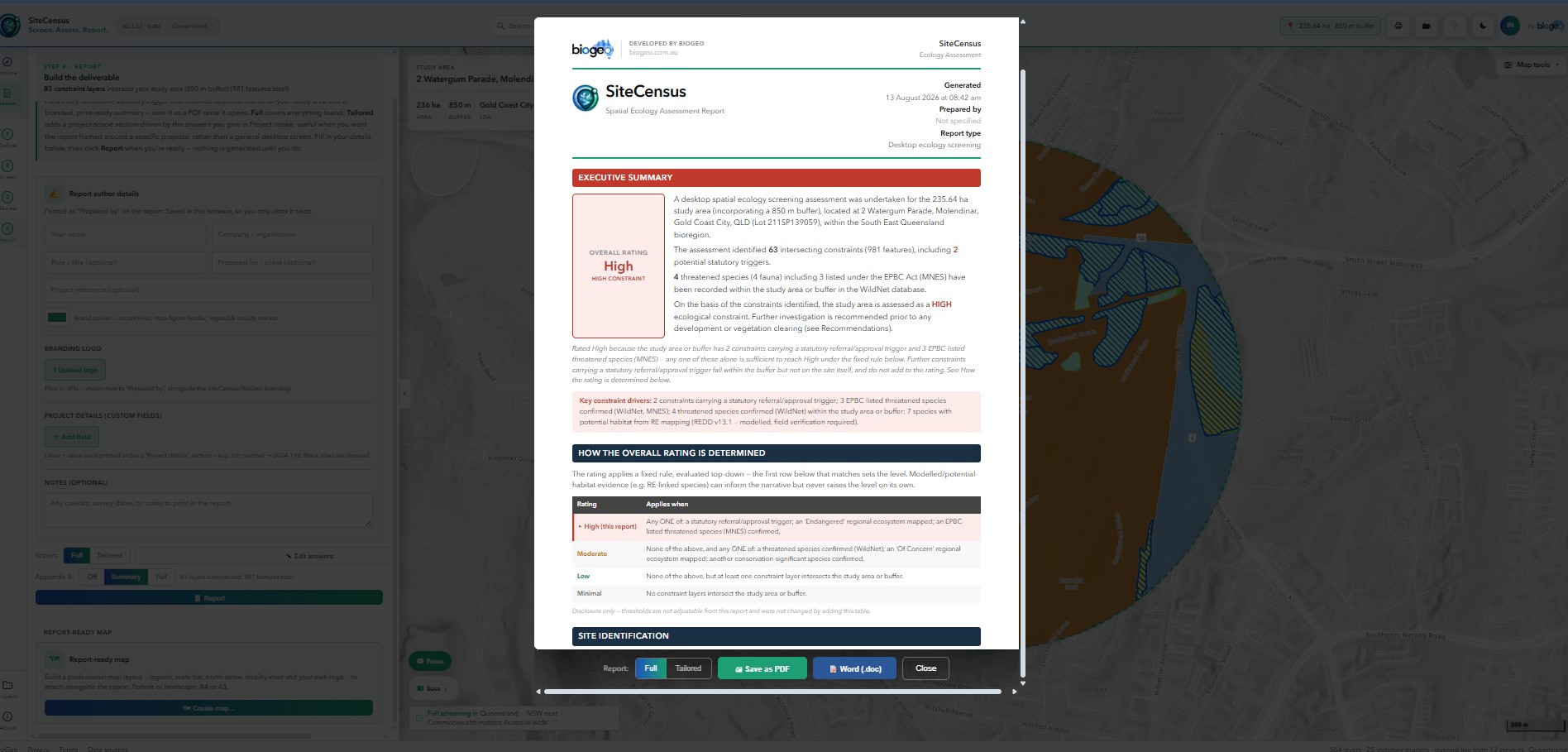 A generated SiteCensus assessment report, showing the constraint rating and the regulatory trigger matrix with legislation, approval pathway and administering agency