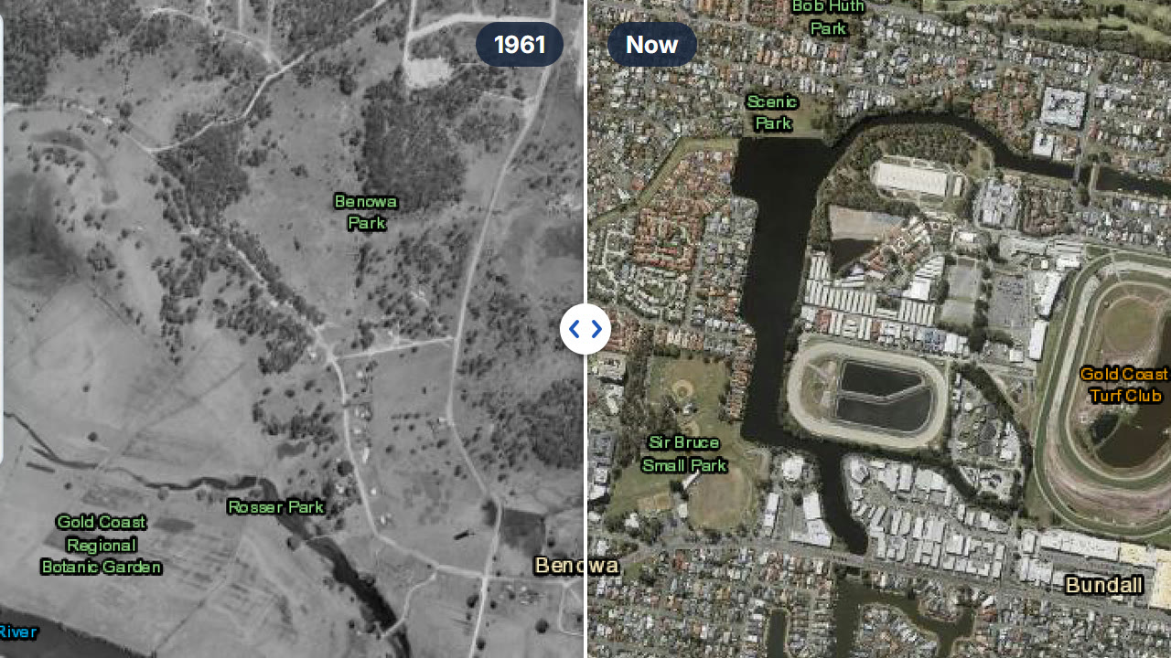 Benowa split down the middle: Queensland's 1961 aerial photograph on the left, today's imagery on the right