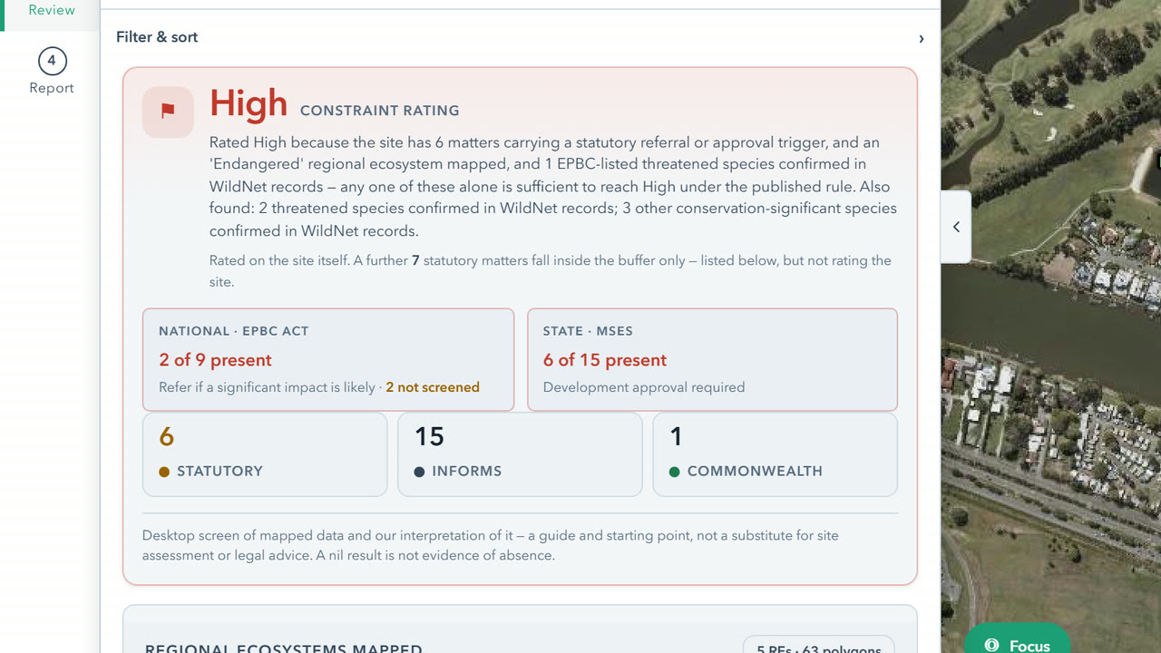 The review step at 230 Ashmore Road, Benowa: a High constraint rating with the reasons that set it, 2 of 9 EPBC matters and 6 of 15 state matters present