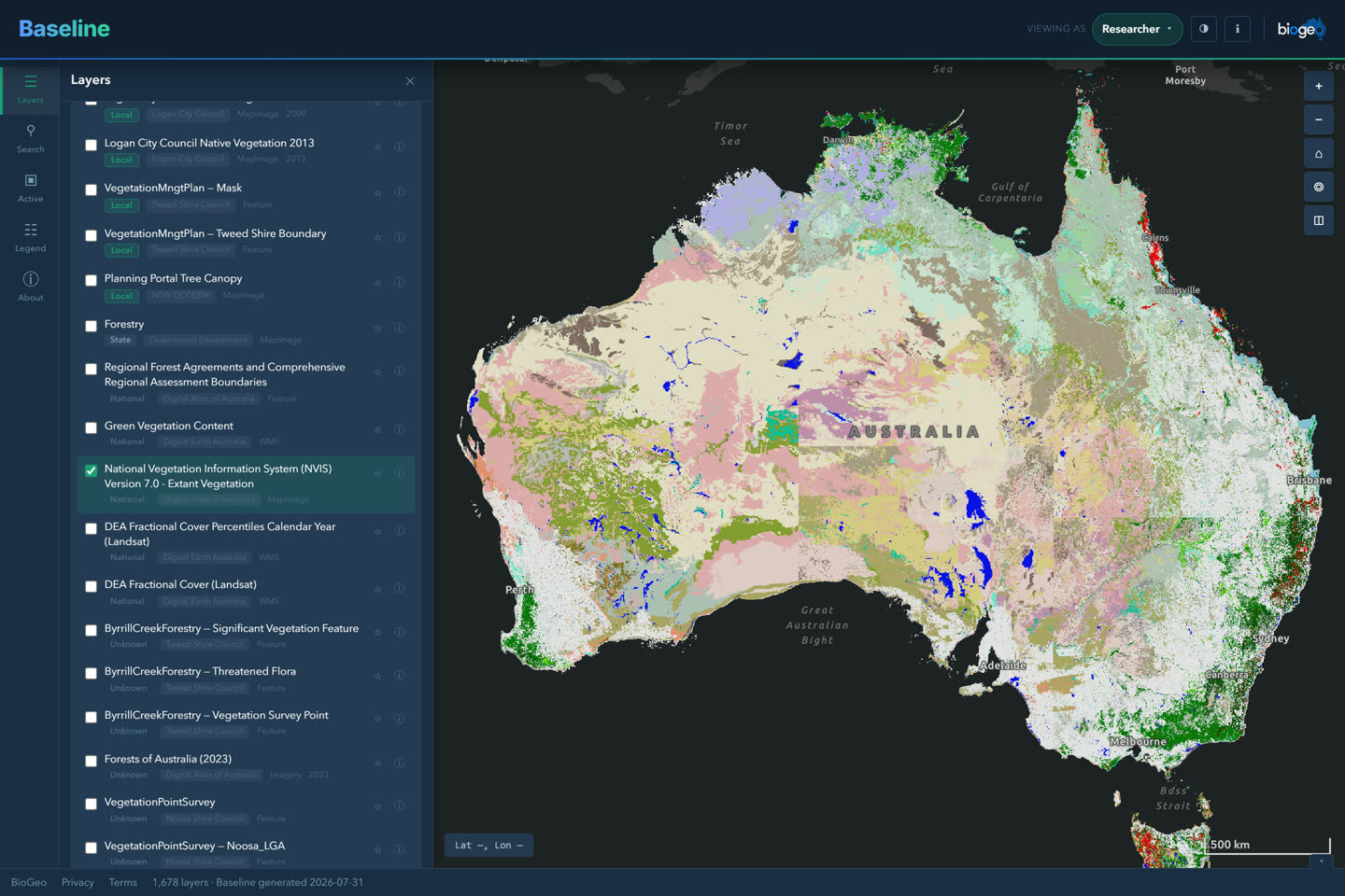 Baseline in dark mode: the national vegetation layer on the map beside the layer catalogue
