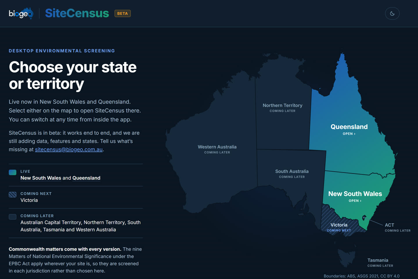 SiteCensus: choose your state or territory, with Queensland and New South Wales open