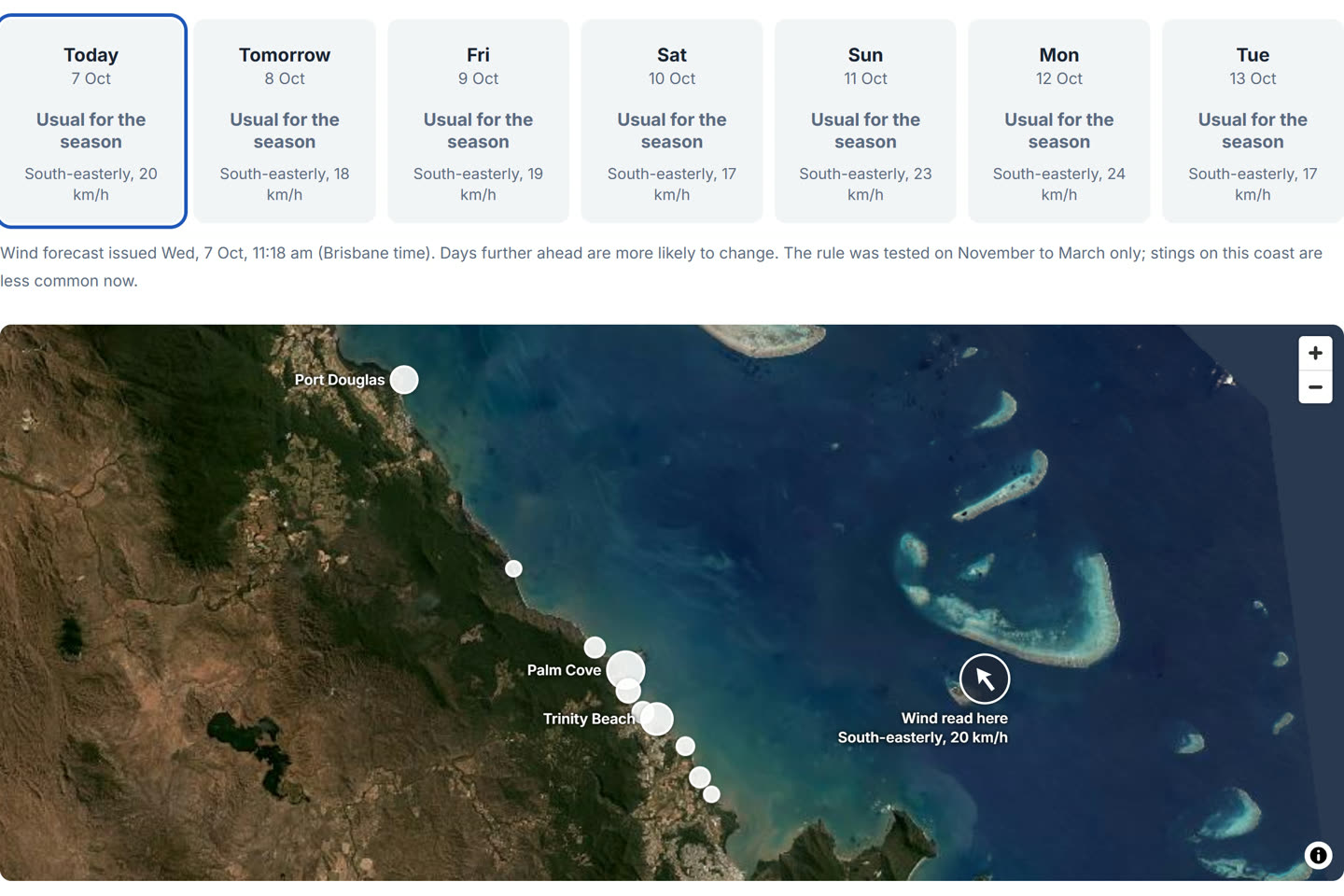The stinger outlook: seven days of cards above a map of the Cairns northern beaches